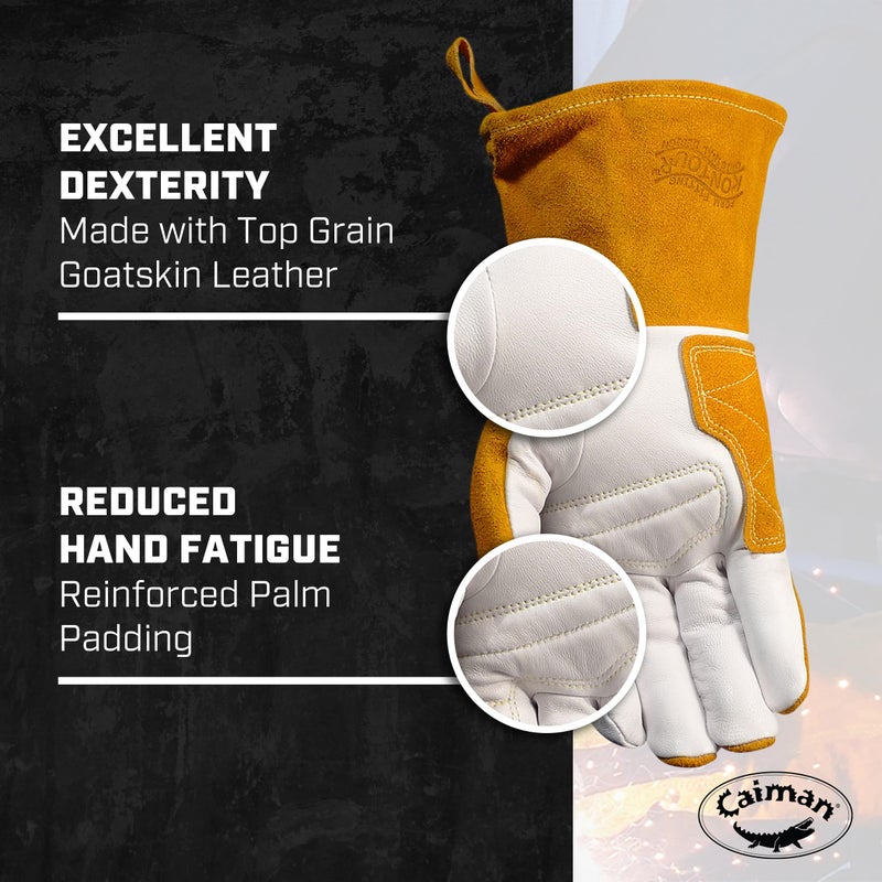 Caiman Premium Goat Grain TIG/Multi-Task Welding Gloves, Split Cowhide Back, 4-Inch Extended Cuff, White/Gold, X-Large (1540-6) - Image 2
